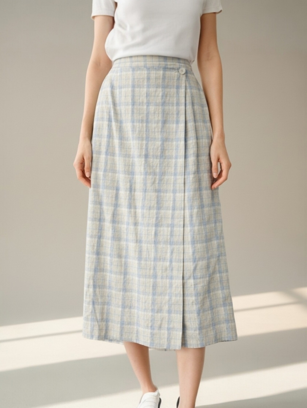 Talbots Blue Plaid Linen Wrap Midi Skirt USA Made Size 8 Preppy Coastal
